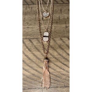 Guess Necklace Three Layer Rose Gold Heart Tassel